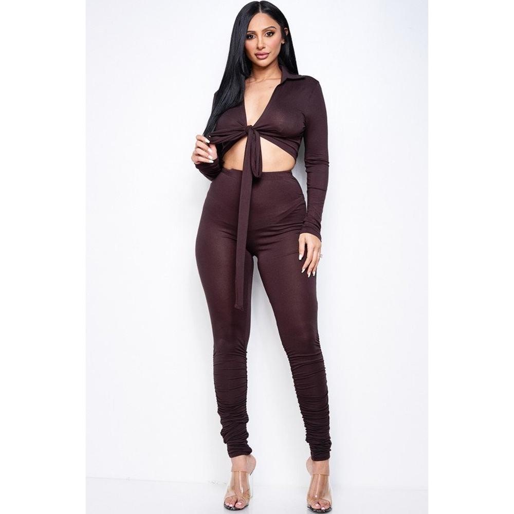 Solid Heavy Rayon Spandex Collared Tie Front Top And Ruched Pants Two Piece Set - Picture 1 of 4